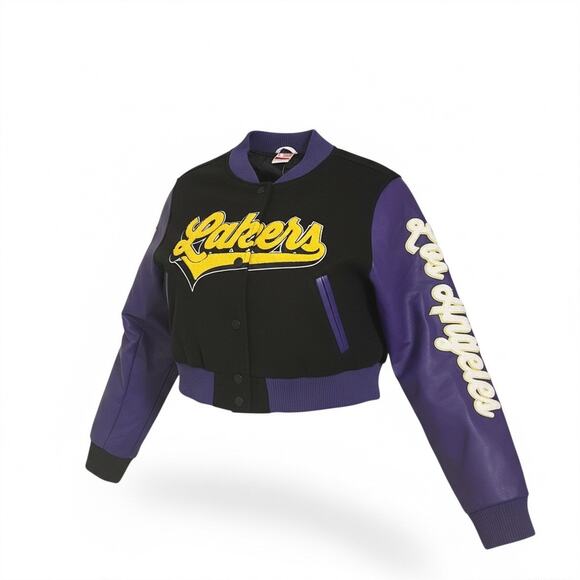Fashion Nova NBA Lakers Legacy Bomber Cropped Jacket Size Large New - Picture 1 of 11